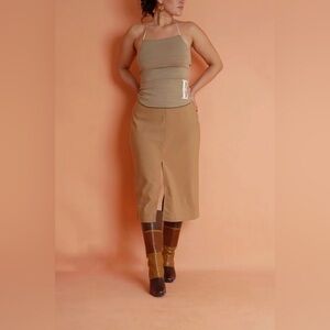 Y2K Vintage Tan Below the Knee Midi Skirt with Large Slit on Front Middle